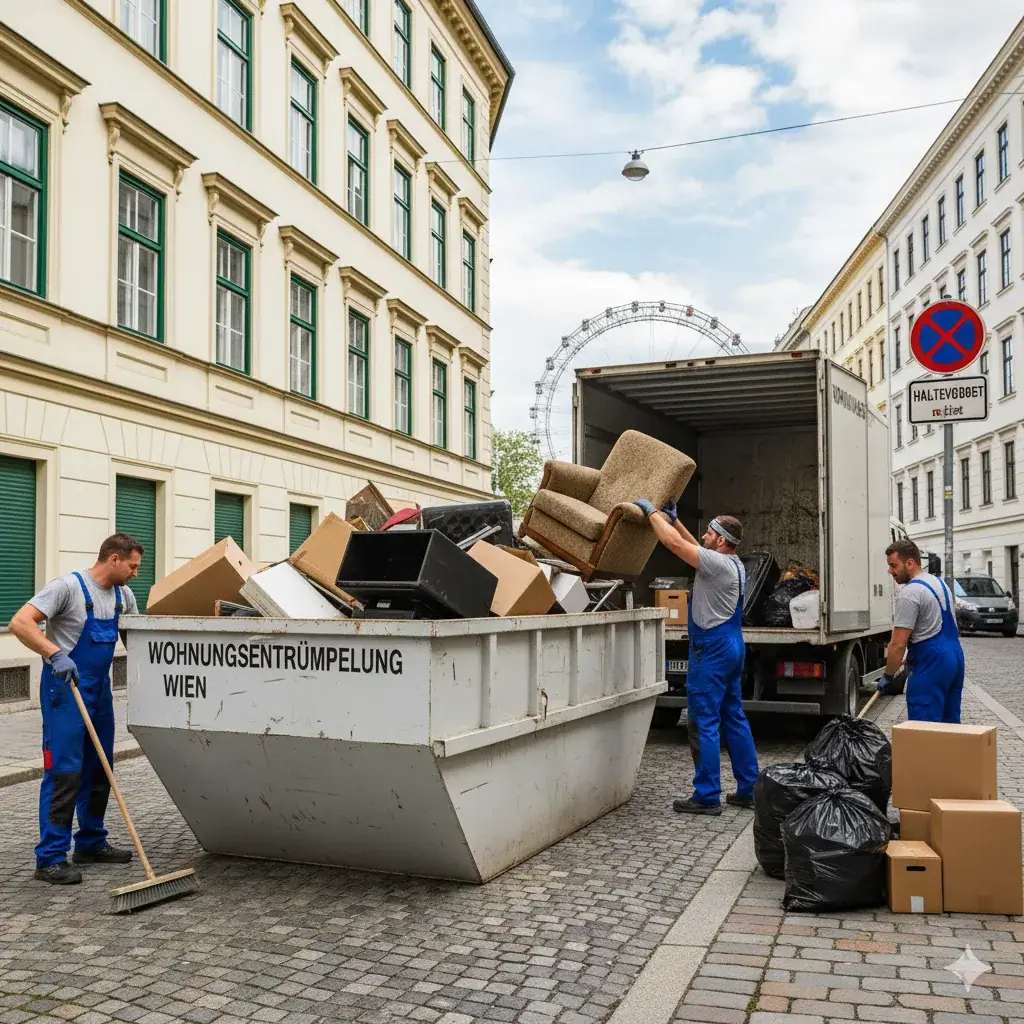 Mitarbeiter räumen Möbel aus einem Wiener Altbau in einen Container